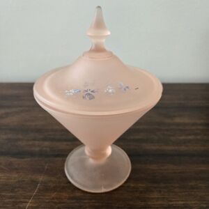 Antique 20s Tiffin Glass Co Pink Frosted Glass Conic Apothecary Candy Jar W Lid